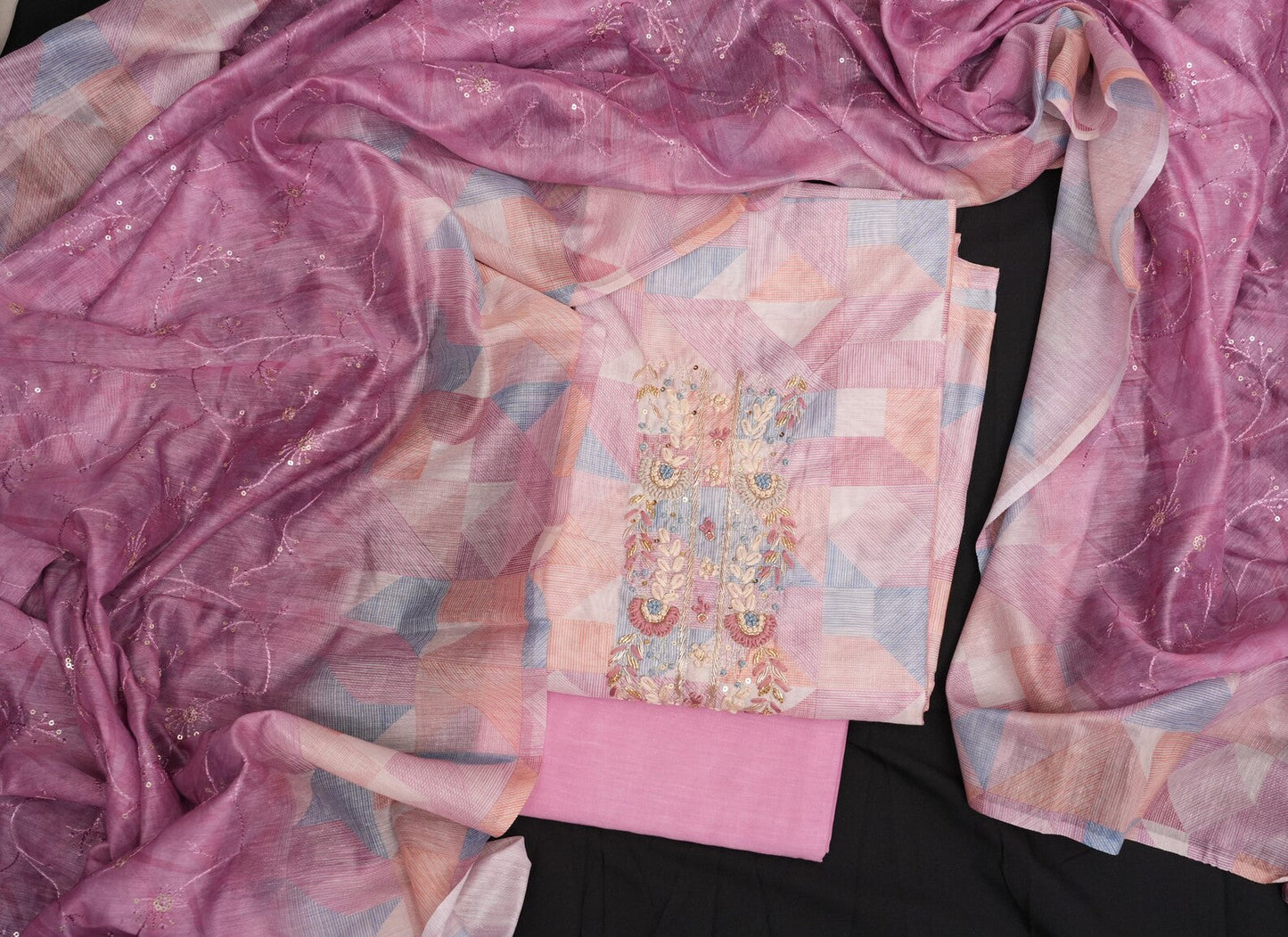 ELEGANT PASTEL PINK & LILAC UNSTITCHED SUIT SET