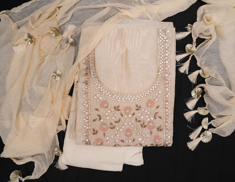 EXQUISITE IVORY & PEACH HAND-EMBROIDERED UNSTITCHED SUIT