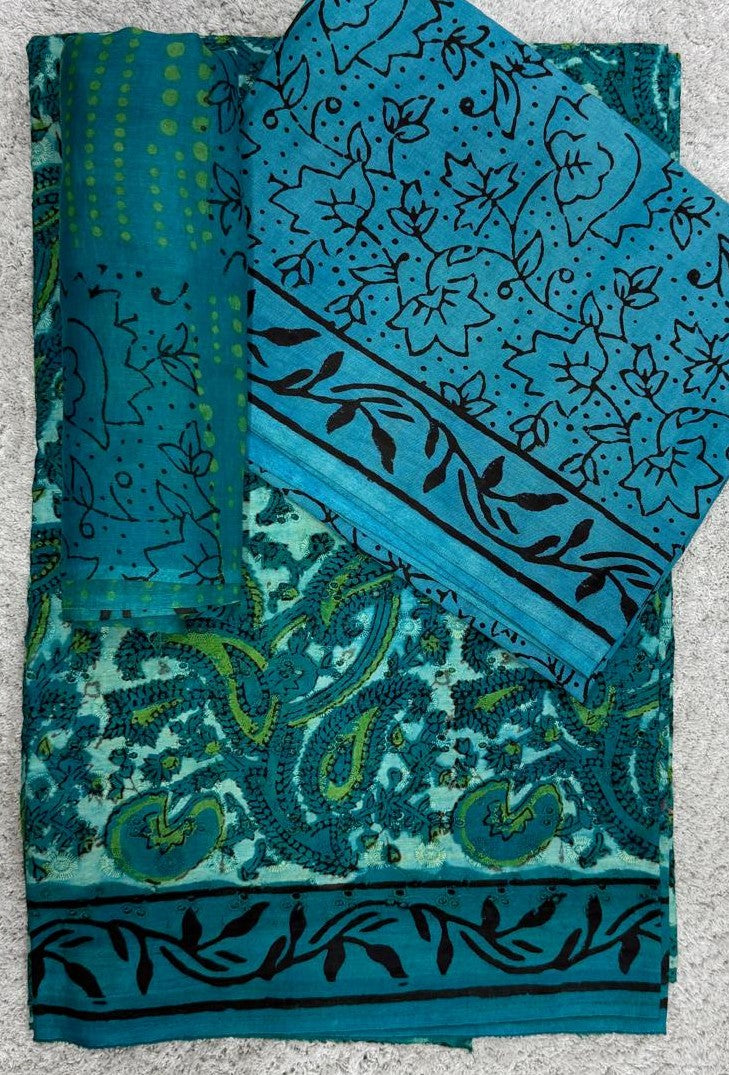 Two patterned cloths with blue and green designs on a gray background