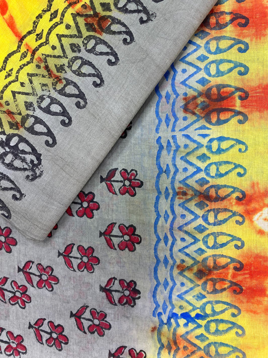 TIE-DYEHAND-BLOCK PRINTED COTTON SAREE