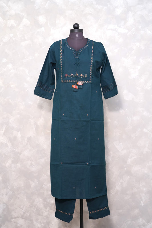 DARK PEACOCK GREEN EMBROIDERED COTTON 2-PIECE SET