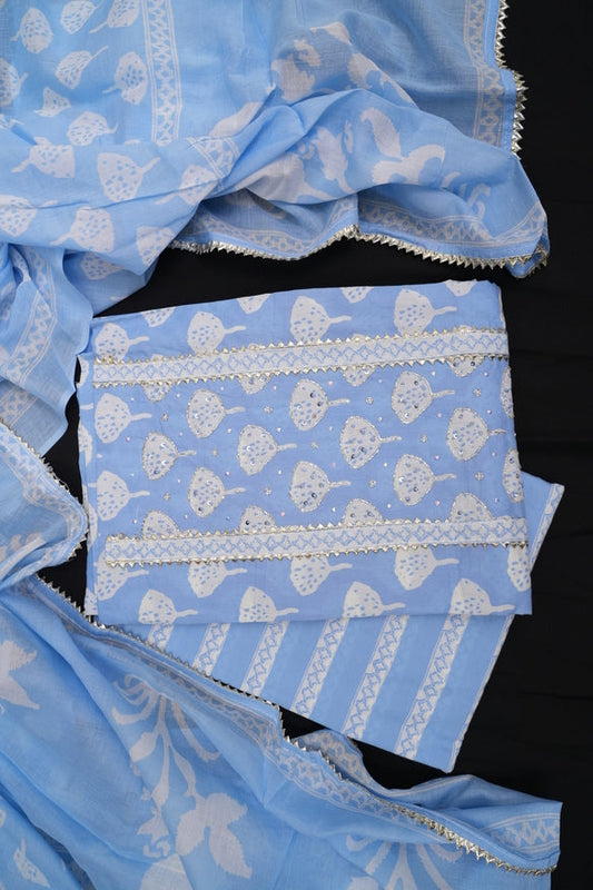 BANDEGI SKY BLUE EMBELLISHED UNSTITCHED SUIT