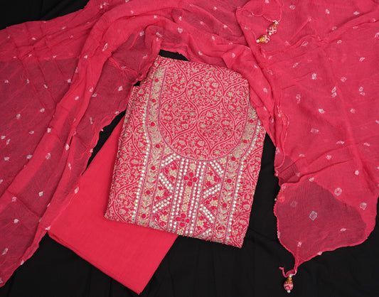 PINK UNSTITCHED SUIT SET WITH ETHNIC MOTIFS