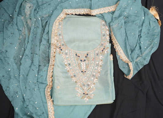 ELEGANT HAND-EMBROIDERED TEAL UNSTITCHED SUIT