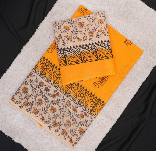 RUSTIC & BEIGE HAND BLOCK PRINT COTTON SAREE
