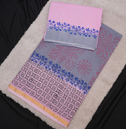 GREY & PINK COTTON SAREE WITH DUAL-TONE PRINTS