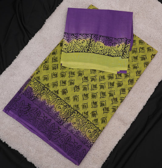 LIME GREEN & PURPLE HAND BLOCK PRINT COTTON SAREE