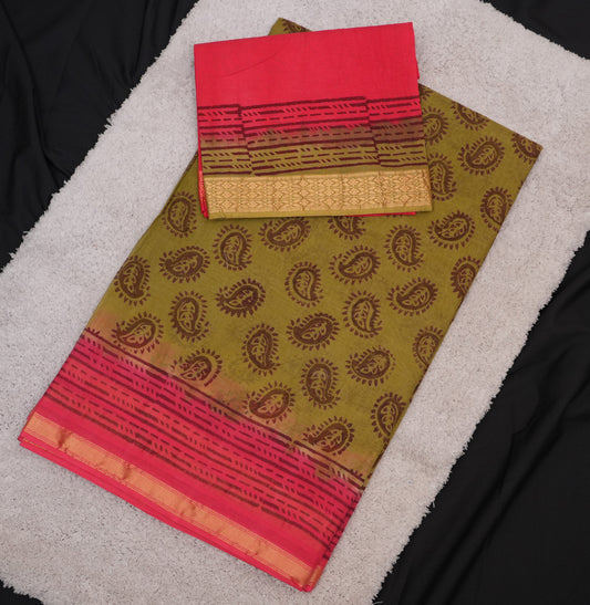 EARTHLY OLIVE GREEN COTTON SAREE WITH CORAL PINK & GOLD ACCENTS