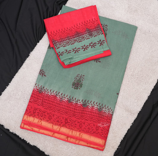 SAGE GREEN & RED COTTON SAREE