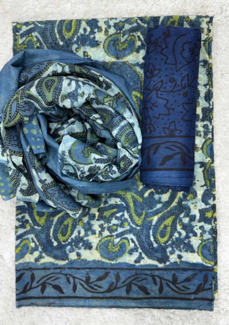 Blue and green patterned fabric with a Saree on a white background