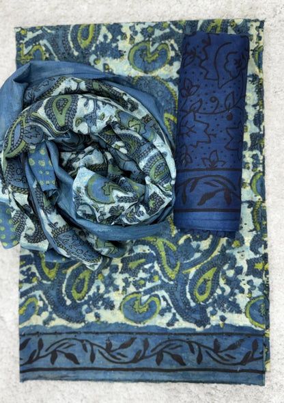 Blue and green patterned fabric with a Saree on a white background