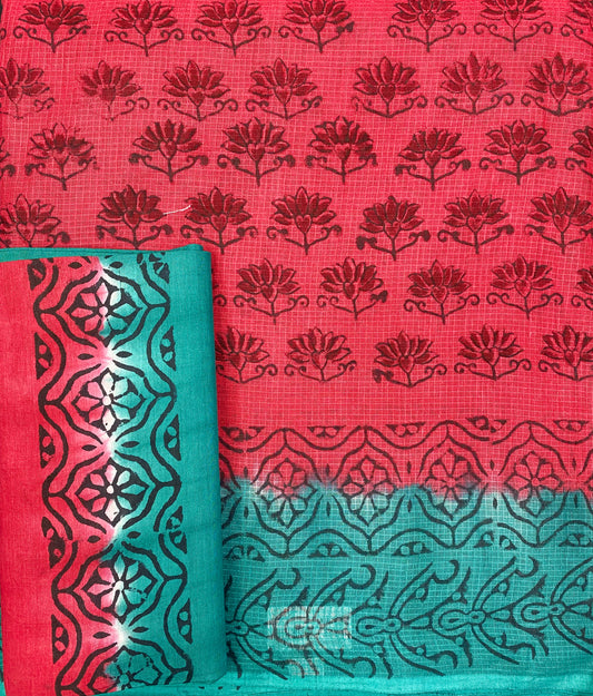 LOTUS FLOWER HAND-BLOCK PRINTED COTTON SAREE