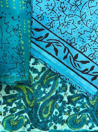 Close-up of a blue fabric with intricate patterns and designs.