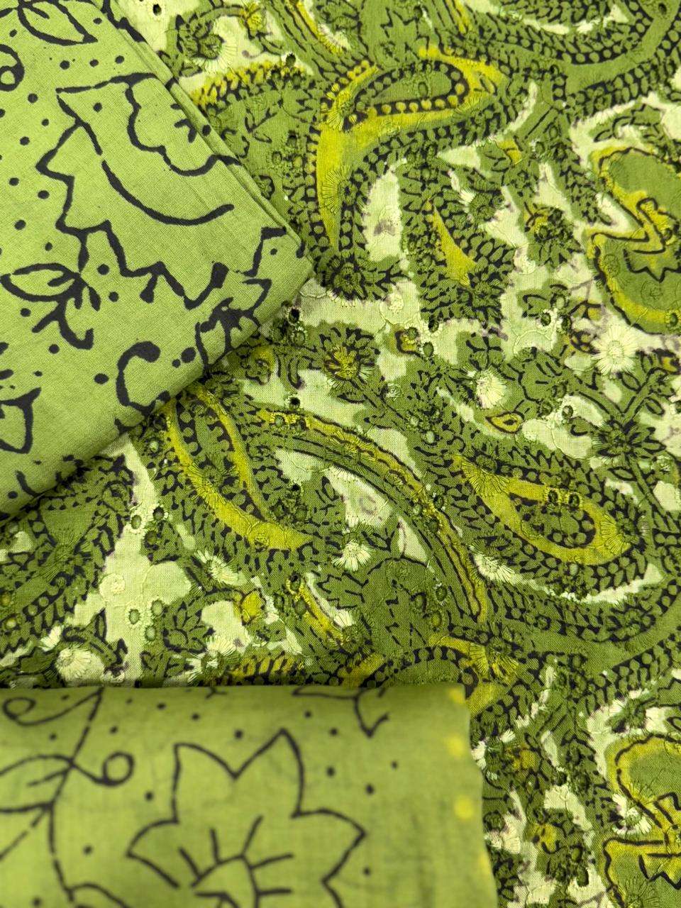 Close-up of green fabric with paisley pattern