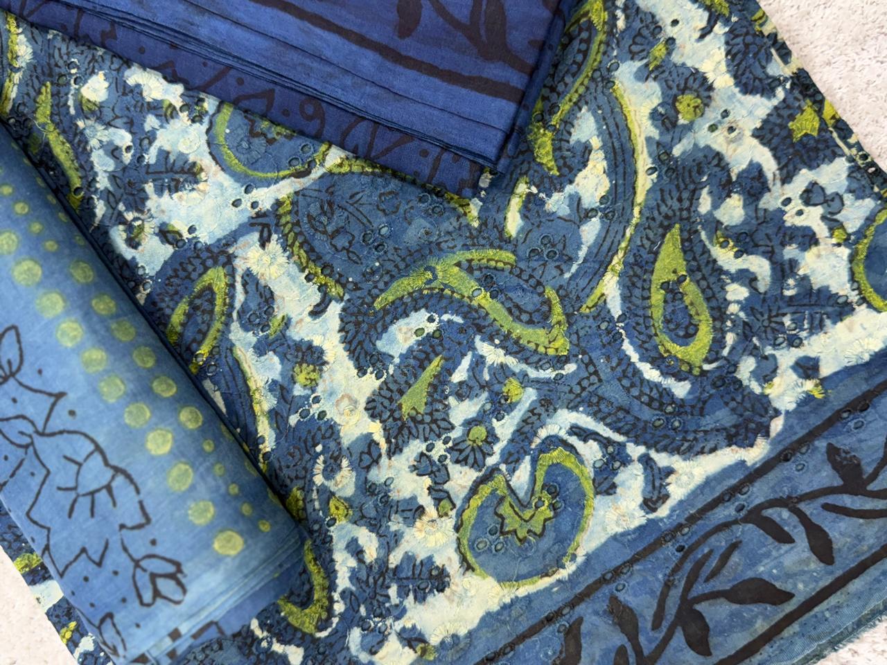 Close-up of patterned fabric with blue, green, and white colors.