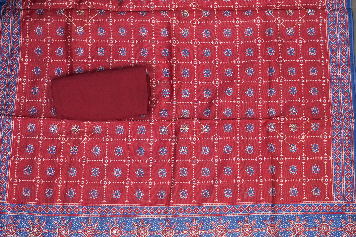 MAROON AND BLUE POLKA DOTS UNSTITCHED SUIT