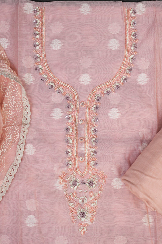 EMBROIDERED CHANDERI UNSTITCHED SUIT (PEACH)