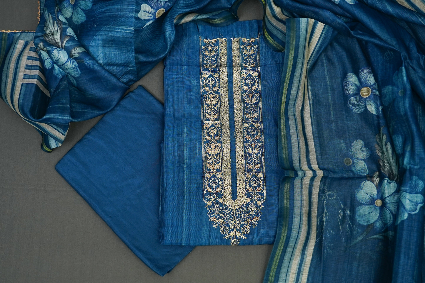INTRICATELY EMBROIDERED MIDNIGHT BLUE UNSTITCHED SUIT