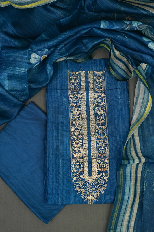 INTRICATELY EMBROIDERED MIDNIGHT BLUE UNSTITCHED SUIT