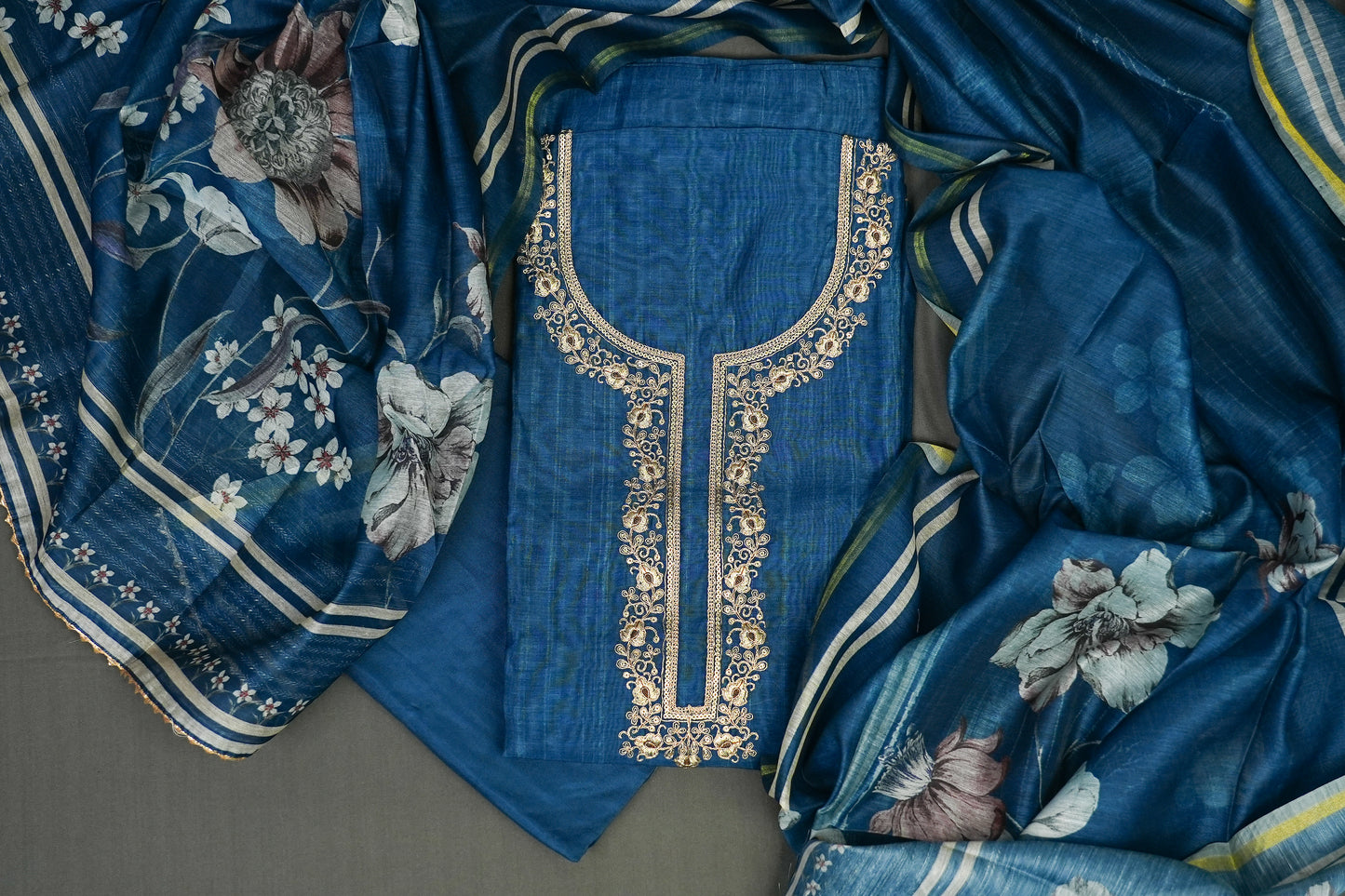 INTRICATELY EMBROIDERED MIDNIGHT BLUE UNSTITCHED SUIT
