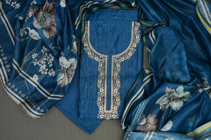 INTRICATELY EMBROIDERED MIDNIGHT BLUE UNSTITCHED SUIT