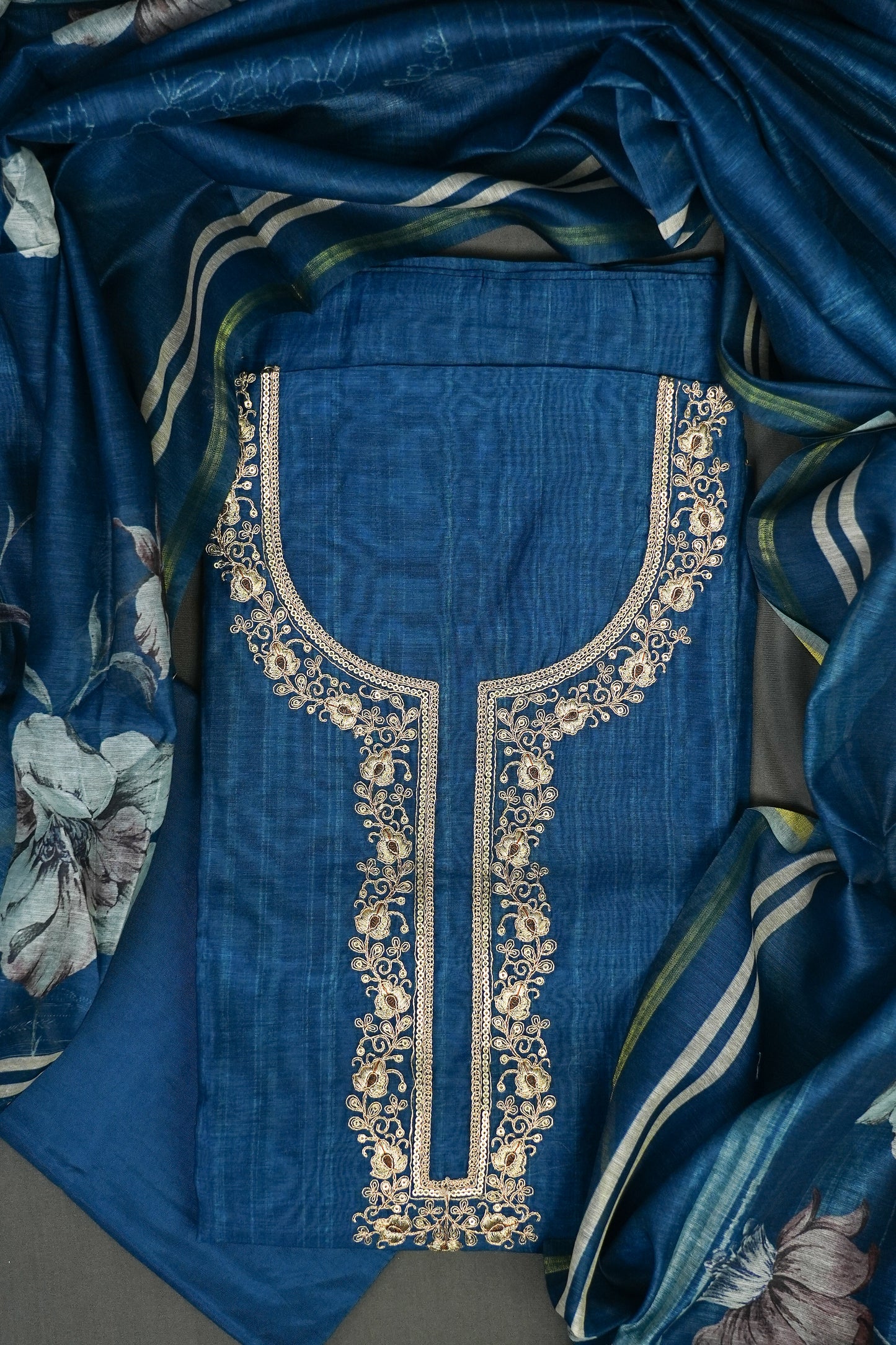 INTRICATELY EMBROIDERED MIDNIGHT BLUE UNSTITCHED SUIT