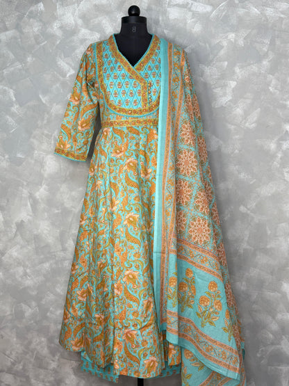 Ethnic Floral Printed Cotton Anarkali Set
