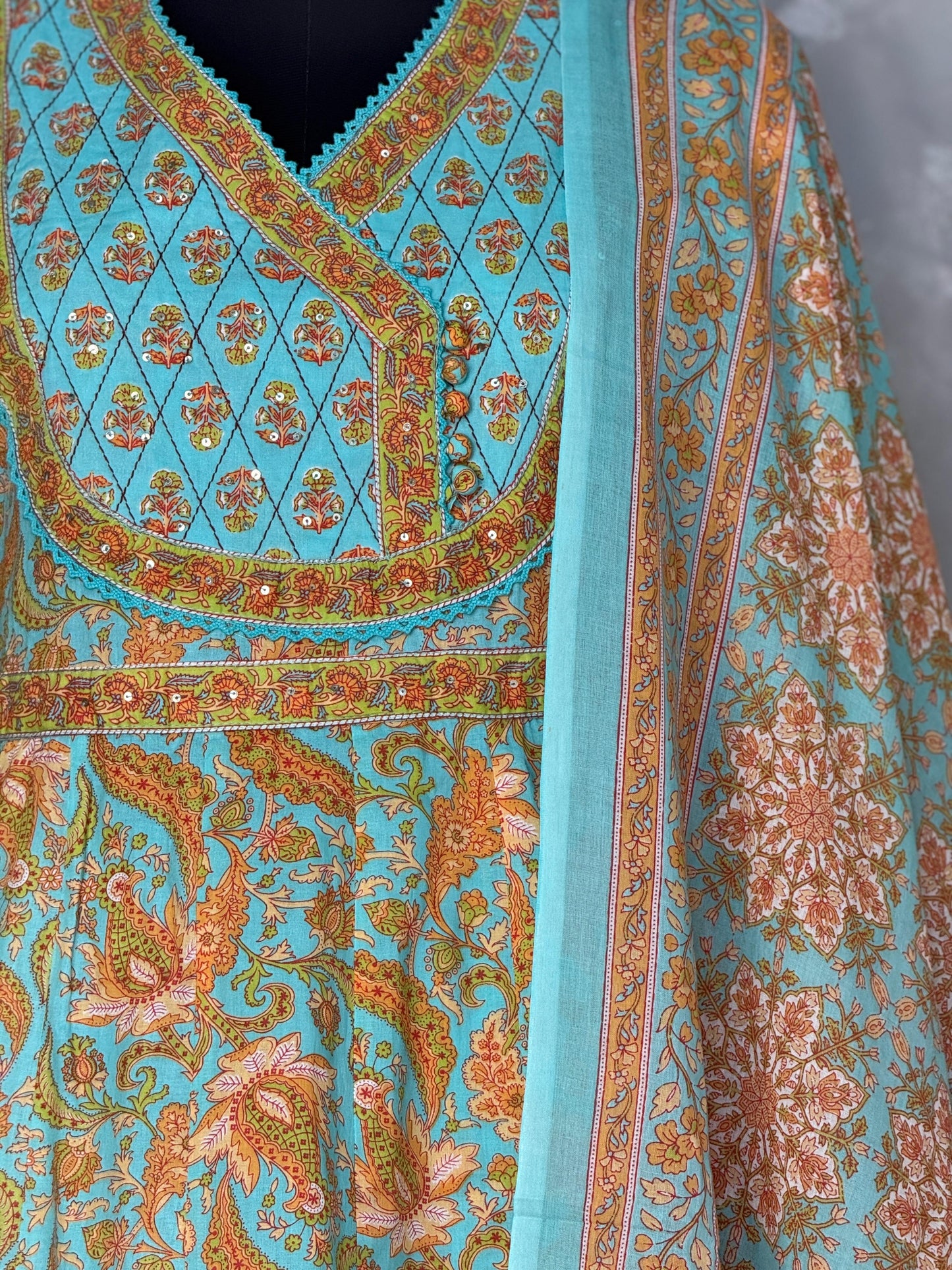 Ethnic Floral Printed Cotton Anarkali Set