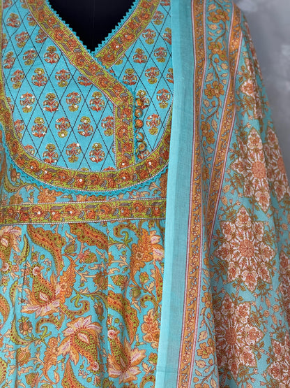 Ethnic Floral Printed Cotton Anarkali Set