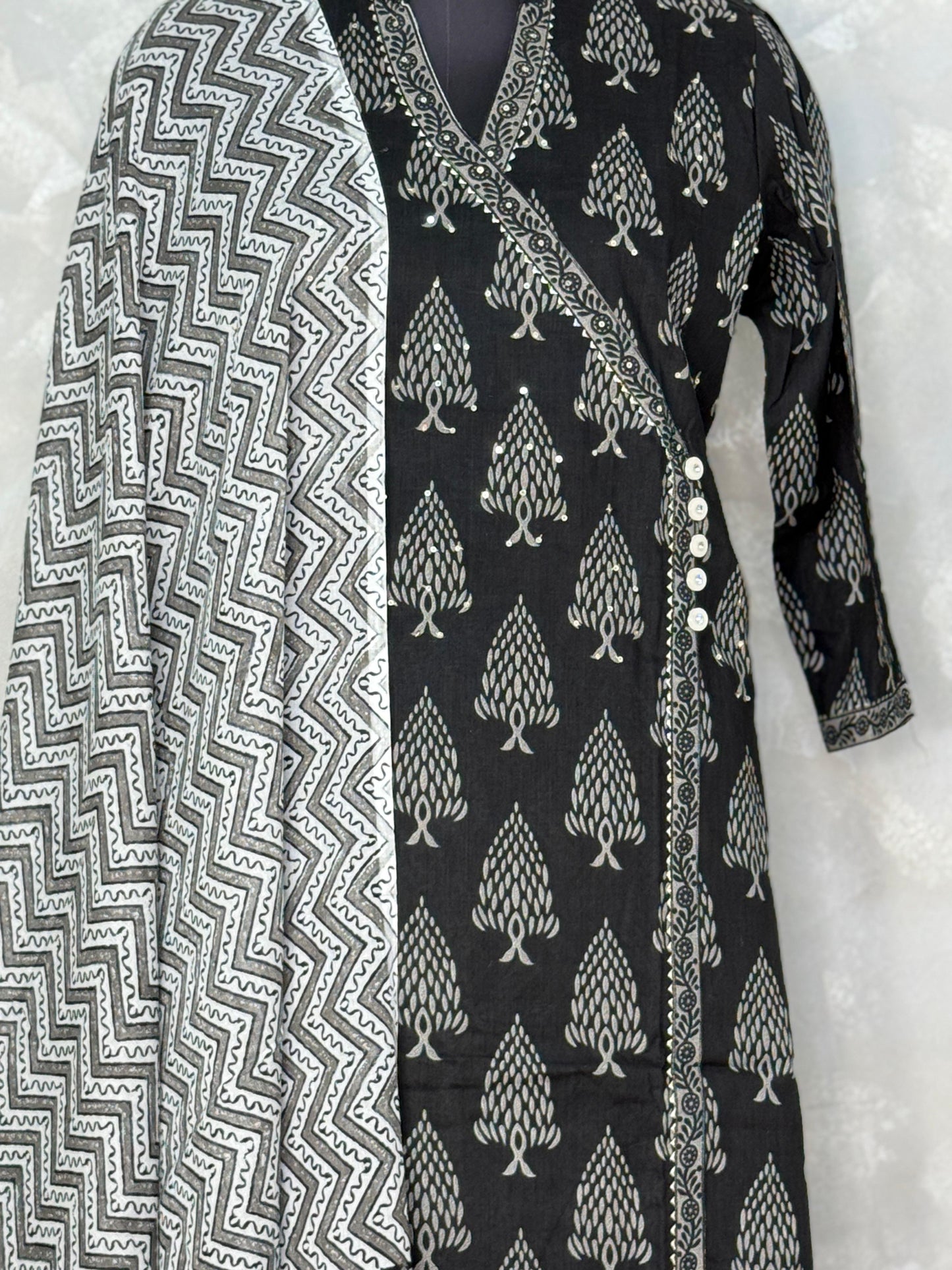 Ethnic Black & White Printed Cotton Angrakha Set
