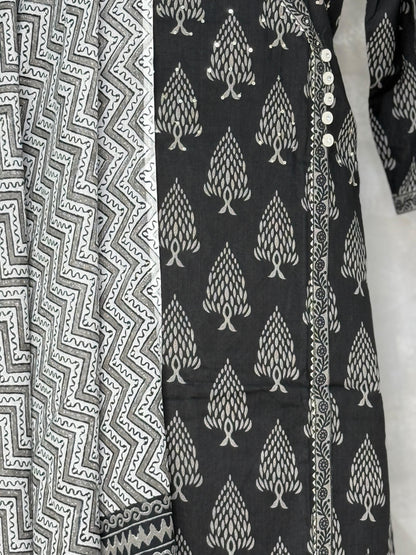 Ethnic Black & White Printed Cotton Angrakha Set