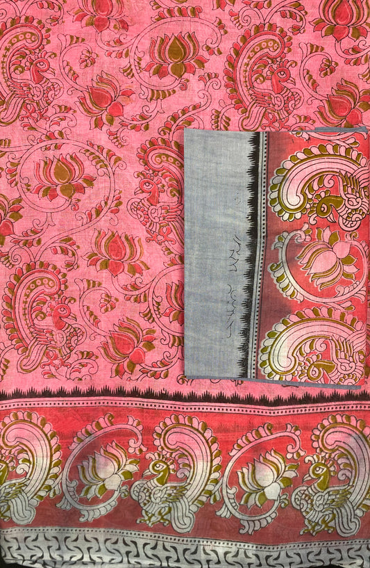 HAND-BLOCK PRINTED PEACOCK AND LOTUS MOTIFS COTTON SAREE