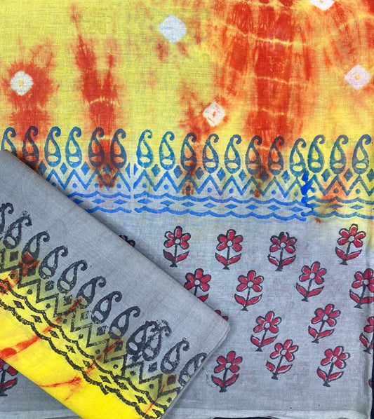 A POP OF COLOR TIE-DYE AND BLOCK PRINT PATTERNS COTTON SAREE