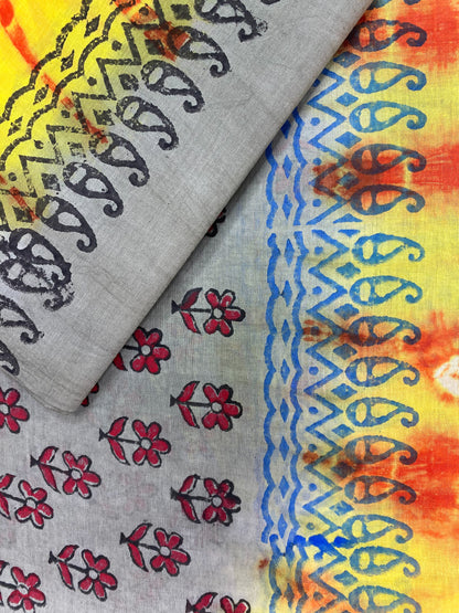 A POP OF COLOR TIE-DYE AND BLOCK PRINT PATTERNS COTTON SAREE