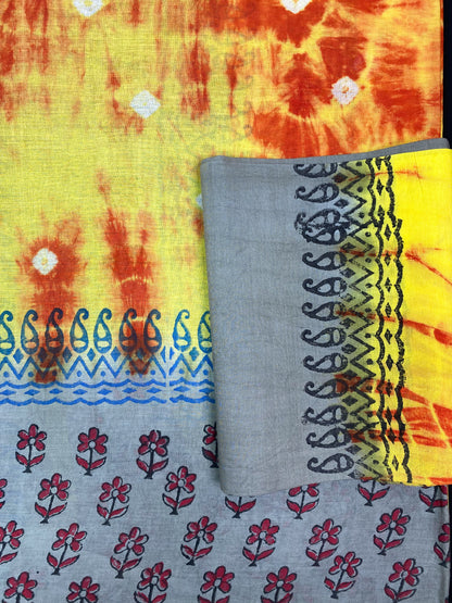 A POP OF COLOR TIE-DYE AND BLOCK PRINT PATTERNS COTTON SAREE