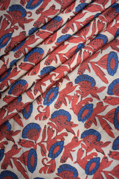 Red and blue floral patterned fabric