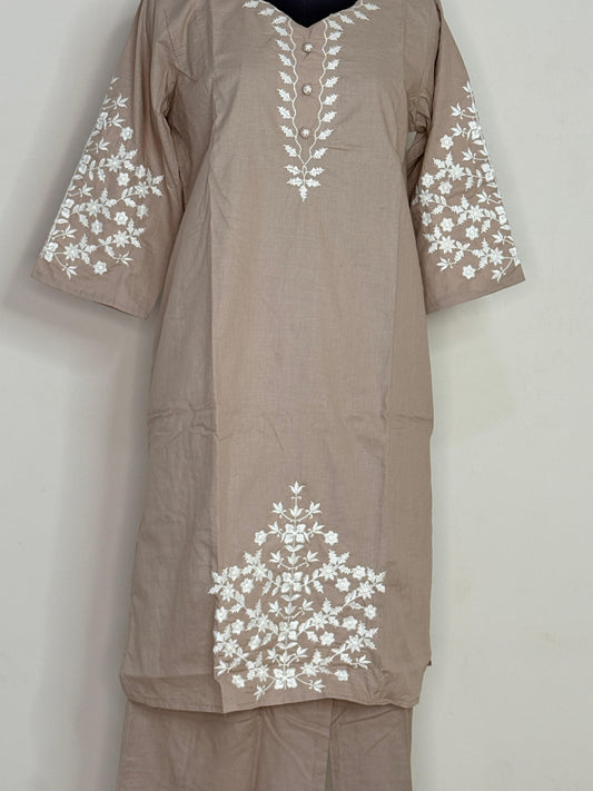 Ivory Bloom Taupe Embroidered Kurta Set
