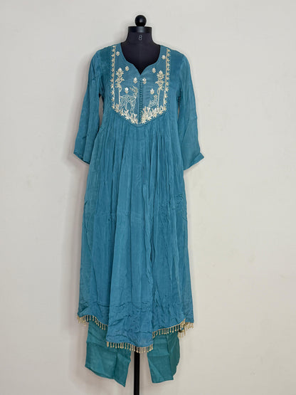 Neelaya Teal Hand-Embroidered Kurta Set