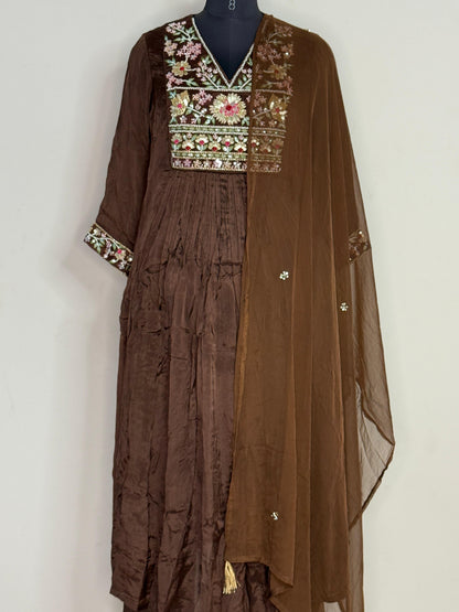Mocha Gulnaar Embroidered Anarkali Set