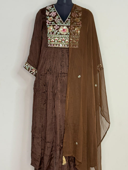 Mocha Gulnaar Embroidered Anarkali Set